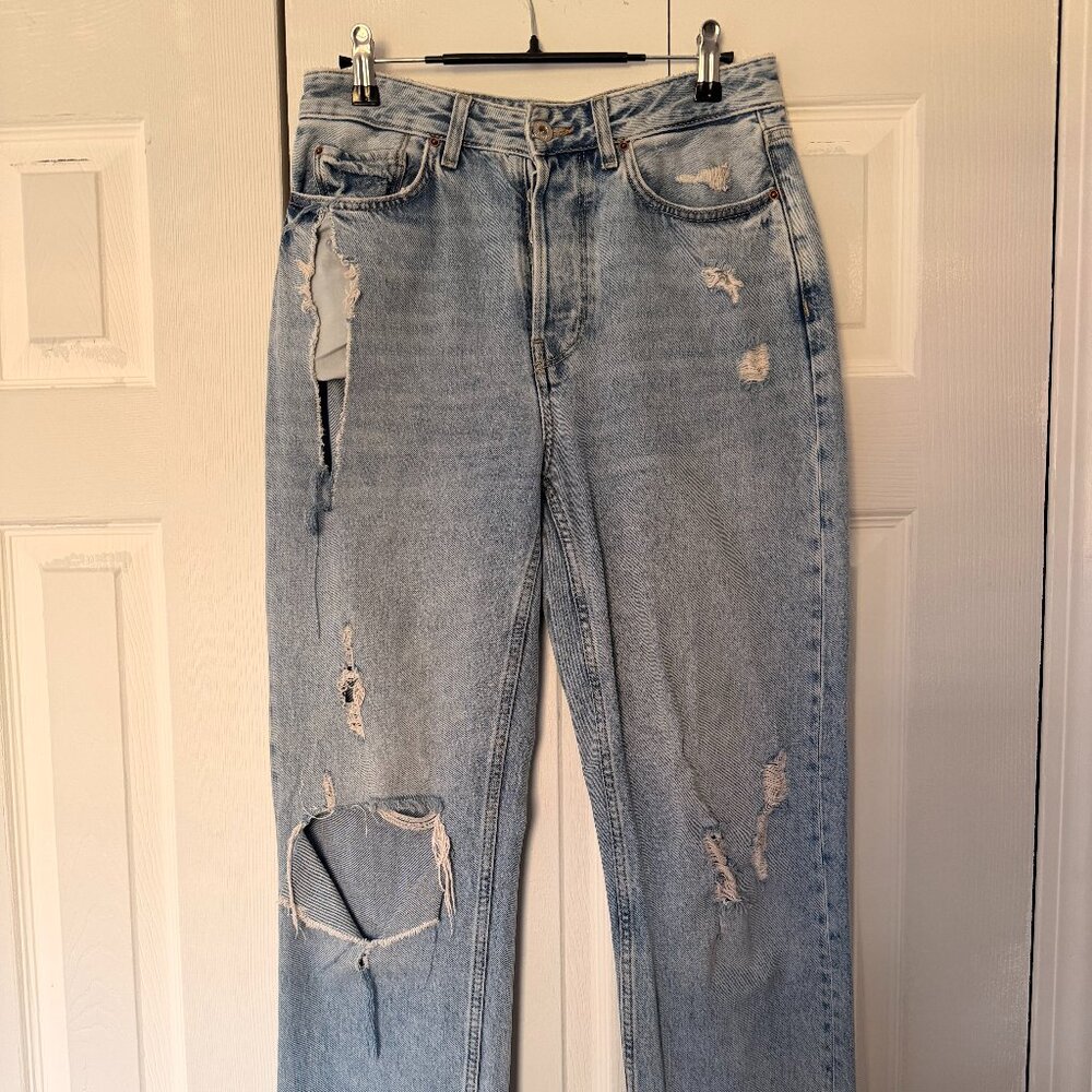 ZARA High Rise Distressed Straight Leg Jeans